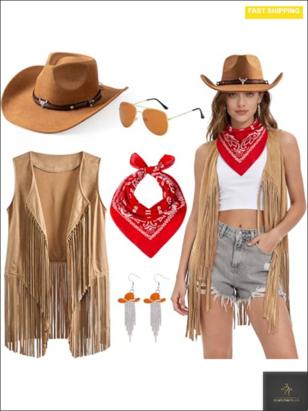 Western Cowgirl Costume Set with Tassel Fringe Vest Hat & Accessories